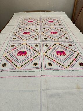 Hand-Embroidered Pink Elephant Table cloth hand crafted